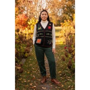 Holiday Editions Sweater Vest Large Black Harvest Autumn Sunflower Leaf Knit NWT